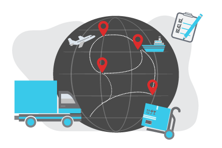 A picture of a globe and the interconnection of logistics services, air, land and sea freight, and fleet management